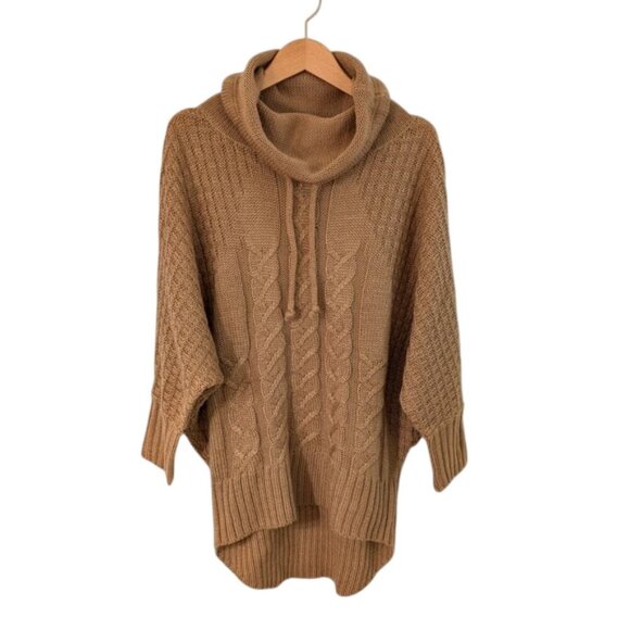 Kaisely Wool Blend Funnel Neck Cable Knit Sweater Camel Size L - Picture 1 of 5